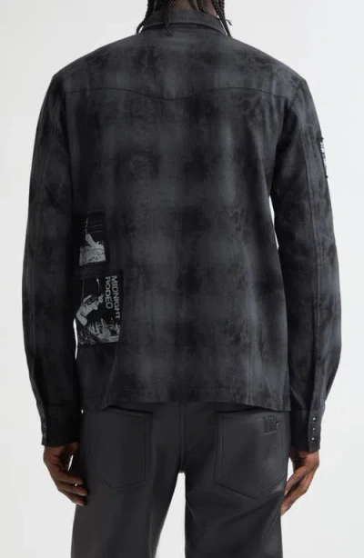 Midnight Rodeo Patchwork Distressed Over Dyed Cotton Flannel Shirt In Gray
