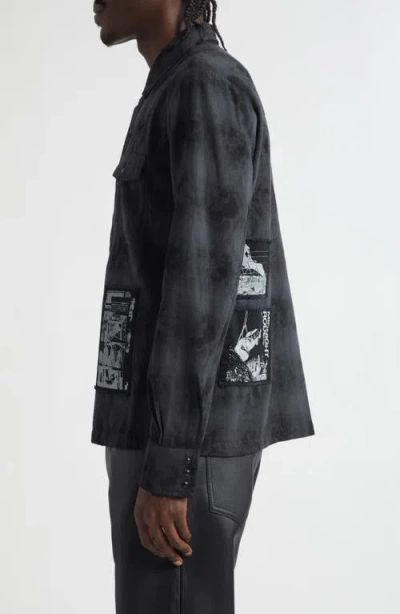 Midnight Rodeo Patchwork Distressed Over Dyed Cotton Flannel Shirt In Gray