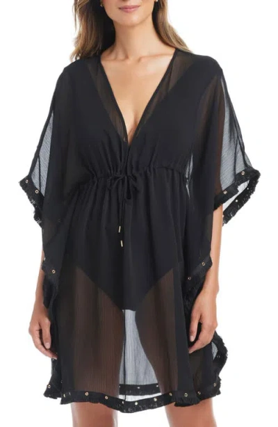 Bleu Rod Beattie Rod Beattie Fringe Trim Sheer Cover-up Caftan In Black