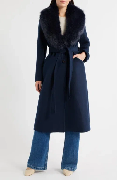 Michael Kors Belted Longline Coat With Faux Fur Collar In Blue