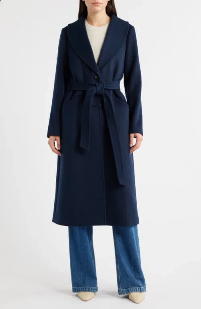 Michael Kors Belted Longline Coat With Faux Fur Collar In Blue
