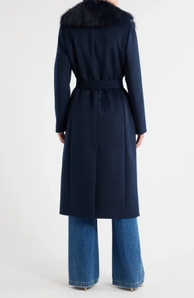 Michael Kors Belted Longline Coat With Faux Fur Collar In Blue