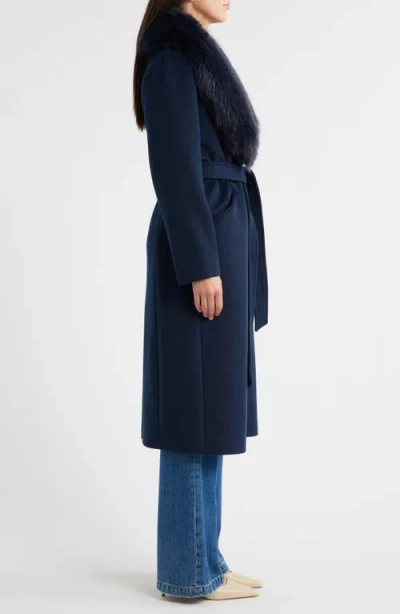 Michael Kors Belted Longline Coat With Faux Fur Collar In Blue