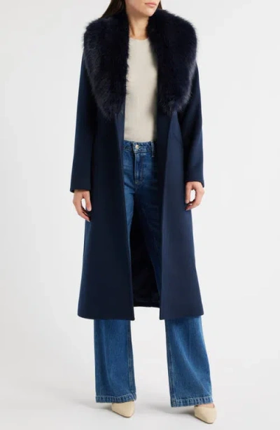 Michael Kors Belted Longline Coat With Faux Fur Collar In Blue