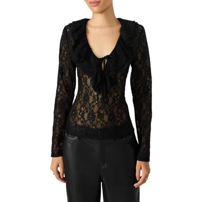 Steve Madden Elvie Sheer Lace Long Sleeve Top In Black