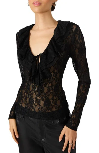 Steve Madden Elvie Sheer Lace Long Sleeve Top In Black