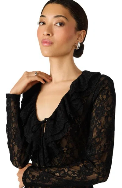 Steve Madden Elvie Sheer Lace Long Sleeve Top In Black