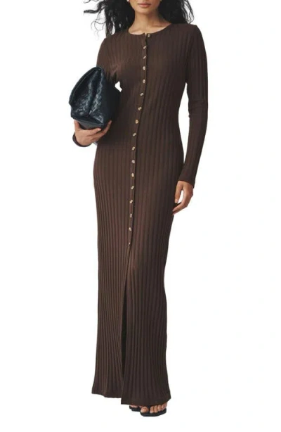 Next Long Sleeve Rib Maxi Dress In Brown