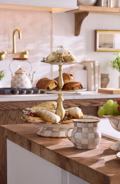 Mackenzie-childs Mackenzie Childs Mocha Check Three Tier Sweet Stand In Gold