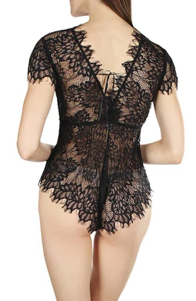Memoi Women's Ava Lace Cap Sleeve Boyshorts Romper Lingerie With Sweetheart Neckline In Black