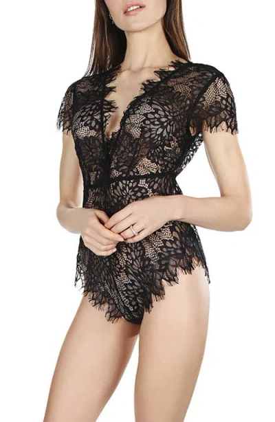 Memoi Women's Ava Lace Cap Sleeve Boyshorts Romper Lingerie With Sweetheart Neckline In Black