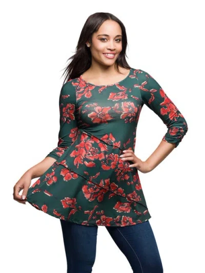 24seven Comfort Apparel Women's Green Floral Print Three Quarter Sleeve Tunic Top In Green