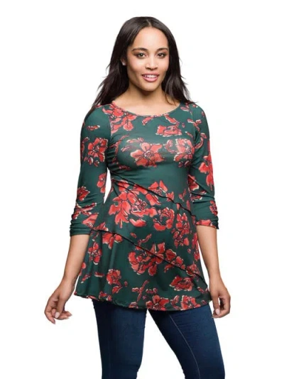 24seven Comfort Apparel Women's Green Floral Print Three Quarter Sleeve Tunic Top In Green