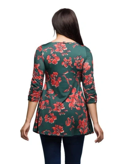 24seven Comfort Apparel Women's Green Floral Print Three Quarter Sleeve Tunic Top In Green