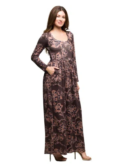 24seven Comfort Apparel Women's Brown Blush Floral Long Sleeve Dress In Brown