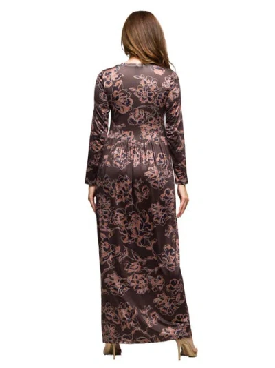 24seven Comfort Apparel Women's Brown Blush Floral Long Sleeve Dress In Brown