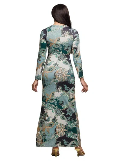 24seven Comfort Apparel Paisley Print Long Sleeve Side Slit Maxi Dress In Green