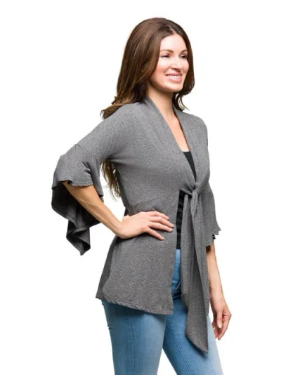 24seven Comfort Apparel Women's Tie Front Bell Sleeve Top In Gray