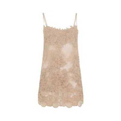 Ermanno Scervino Lace Overlay Mini Dress With Spaghetti Straps In Brown