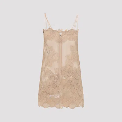 Ermanno Scervino Lace Overlay Mini Dress With Spaghetti Straps In Brown