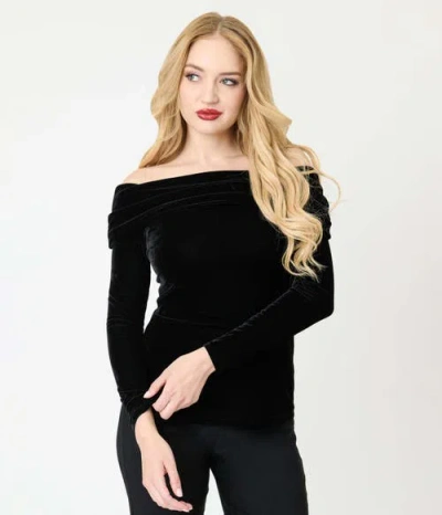 Unique Vintage Fold Shoulder Long Sleeve Knit Top In Black
