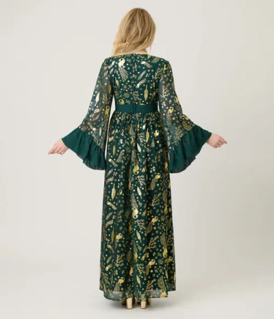 Unique Vintage Long Sleeve Empire Waist Maxi Dress In Green