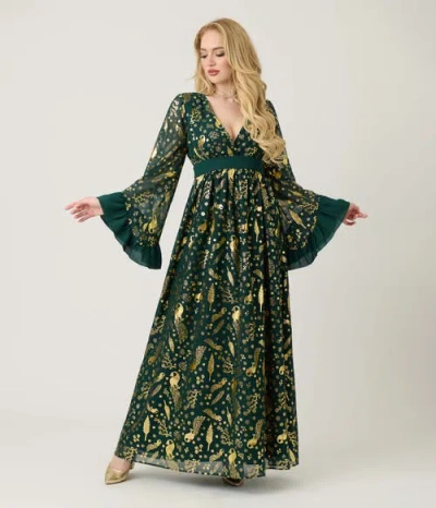 Unique Vintage Long Sleeve Empire Waist Maxi Dress In Green