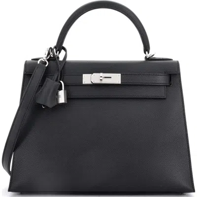 Pre-owned Hermes  Hermes Kelly Handbag Black Epsom With Palladium Hardware 28 In Black