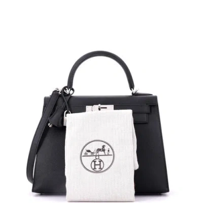 Pre-owned Hermes  Hermes Kelly Handbag Black Epsom With Palladium Hardware 28 In Black