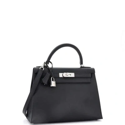 Pre-owned Hermes  Hermes Kelly Handbag Black Epsom With Palladium Hardware 28 In Black
