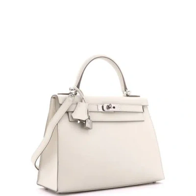 Pre-owned Hermes  Hermes Kelly Handbag Light Epsom With Palladium Hardware 28 In White