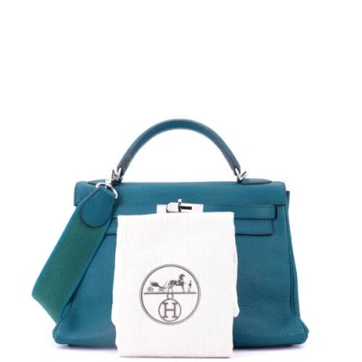 Pre-owned Hermes  Hermes Kelly Amazone Handbag Blue Clemence With Palladium Hardware 32 In Blue