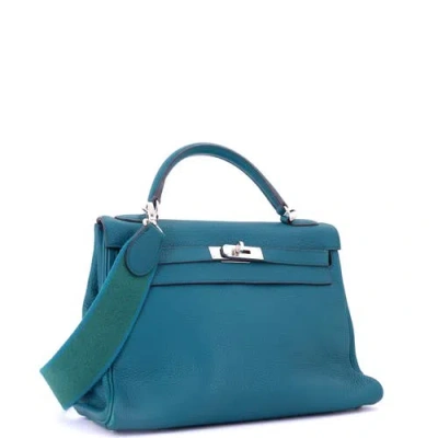 Pre-owned Hermes  Hermes Kelly Amazone Handbag Blue Clemence With Palladium Hardware 32 In Blue