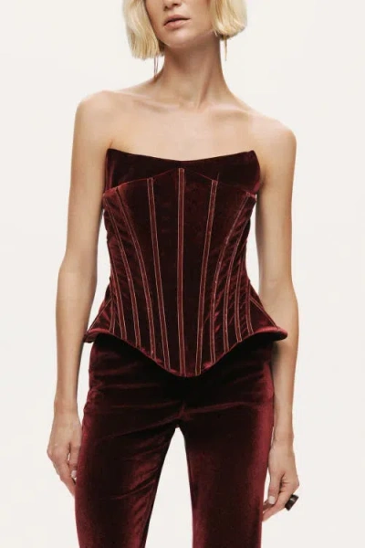 Nocturne Structured Velvet Strapless Bustier In Burgundy