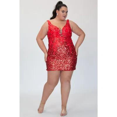 Sydney's Closet Sequin & 3d Floral Lace Mini Party Dress In Red