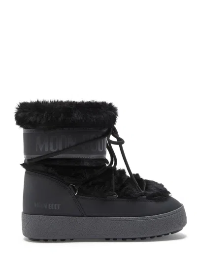 Moon Boot Mid-height Black Faux Fur Boots With Textured Rubber Sole In Black