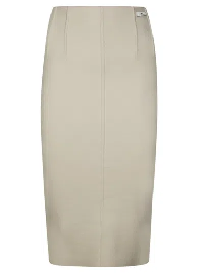 Elisabetta Franchi Fitted Knit Pencil Skirt With Covered Button Detail In Brown