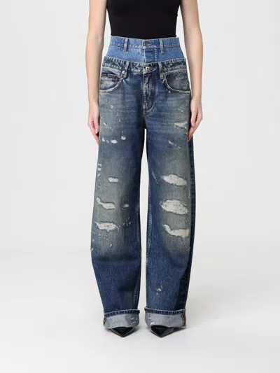 Dolce & Gabbana Women Blue Jeans With Layered Design And Distressed And Ripped Effect In Denim Woman In Blue