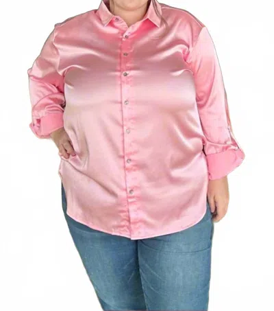 She + Sky Long Sleeve Woven Satin Shirt With Rollup Sleeve In Light Pink In Pink