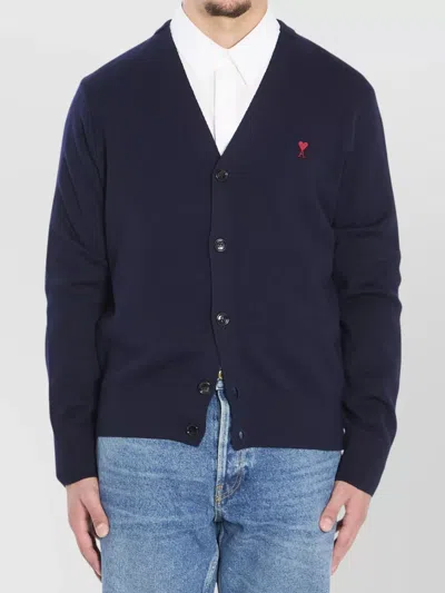 Ami Alexandre Mattiussi Ami Paris Men Blue Cardigan With V Neck And Adc Embroidery On The Front In Wool Blend Man