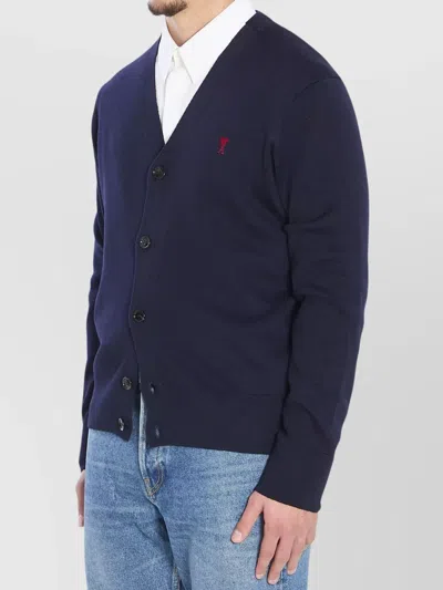 Ami Alexandre Mattiussi Ami Paris Men Blue Cardigan With V Neck And Adc Embroidery On The Front In Wool Blend Man