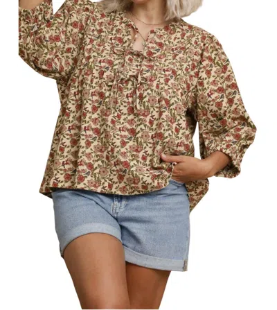 Umgee Vintage Floral Pintuck Top In Brown In Brown