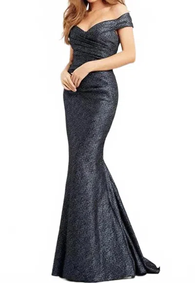 Jovani Elegant Off The Shoulder Gown In Navy In Blue