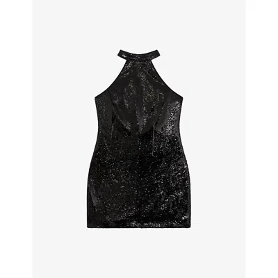The Kooples Womens Black Halterneck Sequin-embellished Mini Dress Xs In Black