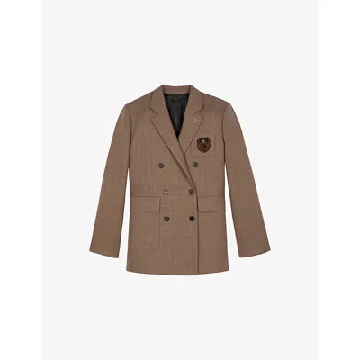 The Kooples Womens Camel Logo-patch Double-breasted Wool Blazer In Multi