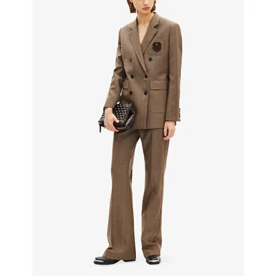 The Kooples Womens Camel Logo-patch Double-breasted Wool Blazer In Multi