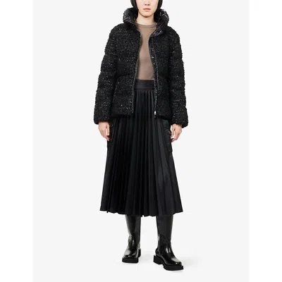 Moncler Womens Black Urbel Tweed Short Down Jacket In Animal Print