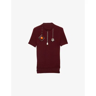 Prada Openwork Motif Wool Sweater With Pendants In Burgundy