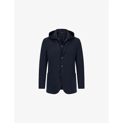 Boggi Milano Ens Navy Blue Removable-hood Single-breasted Stretch Wool-blend Jacket In Blue
