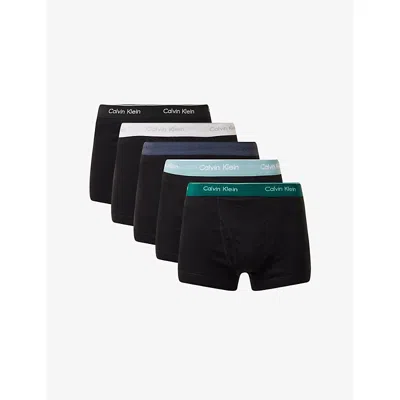 Calvin Klein Mens Ink,zoni B,turf,chip,bk Logo-waist Pack Of Five Cotton Trunks Xl In Multi